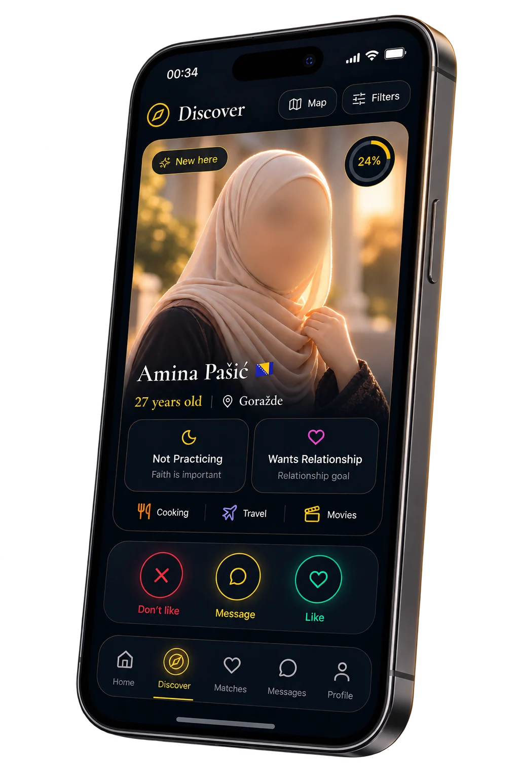 Kartica profila u Niyyah: namaz, mezheb, planovi za brak i postotak usklađenosti.